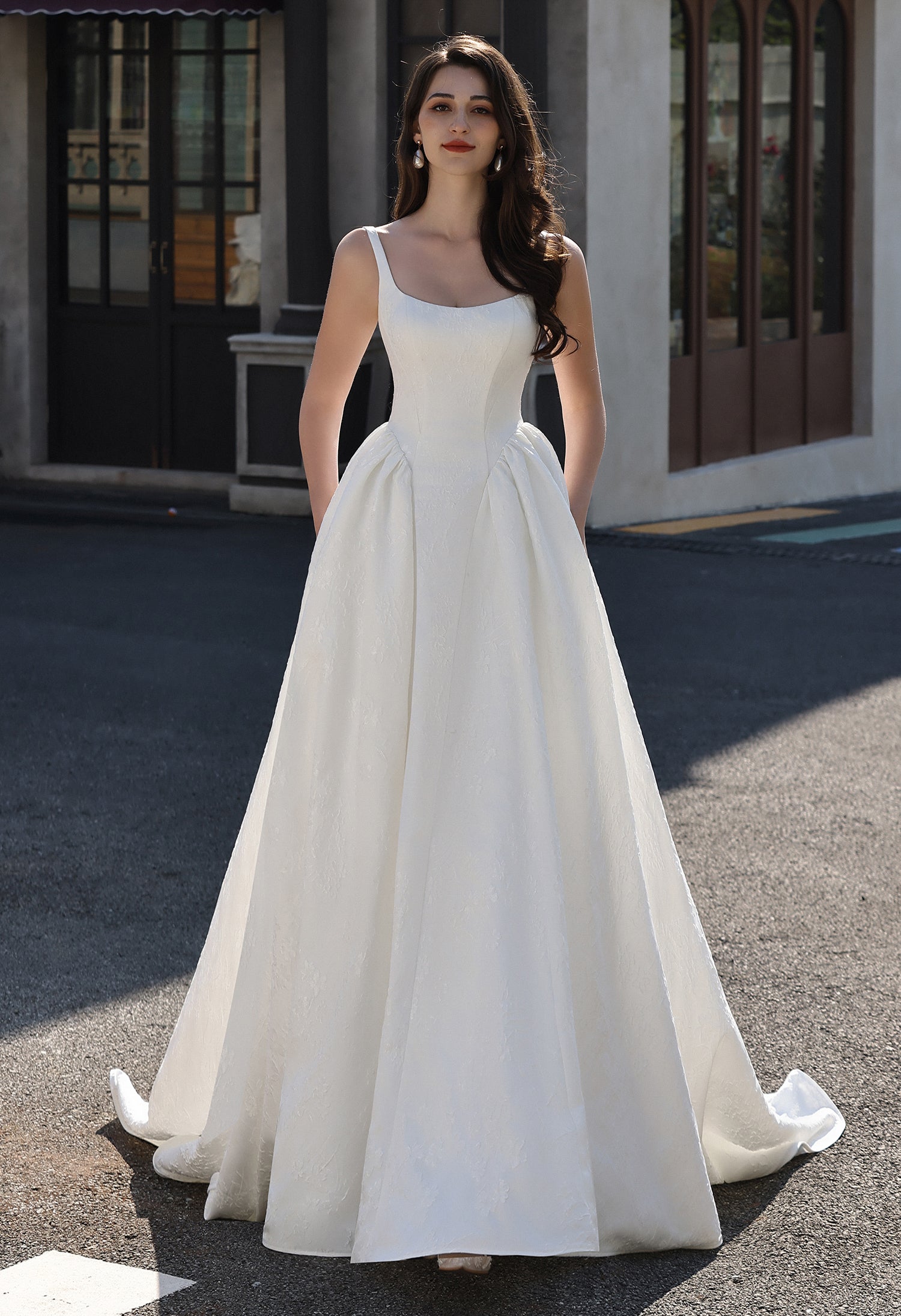 Dignified Square Neckline Subtle Textured Basque Jacquard Satin Ballgown MMH2025