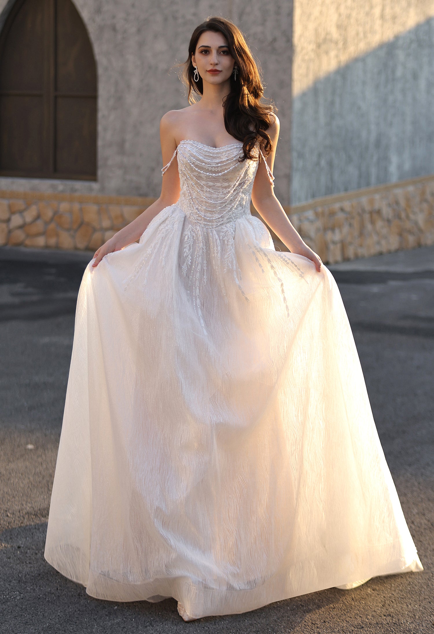 Strapless Ballgown Wedding Dress with Beaded Chain Shoulder Accent MMH2024