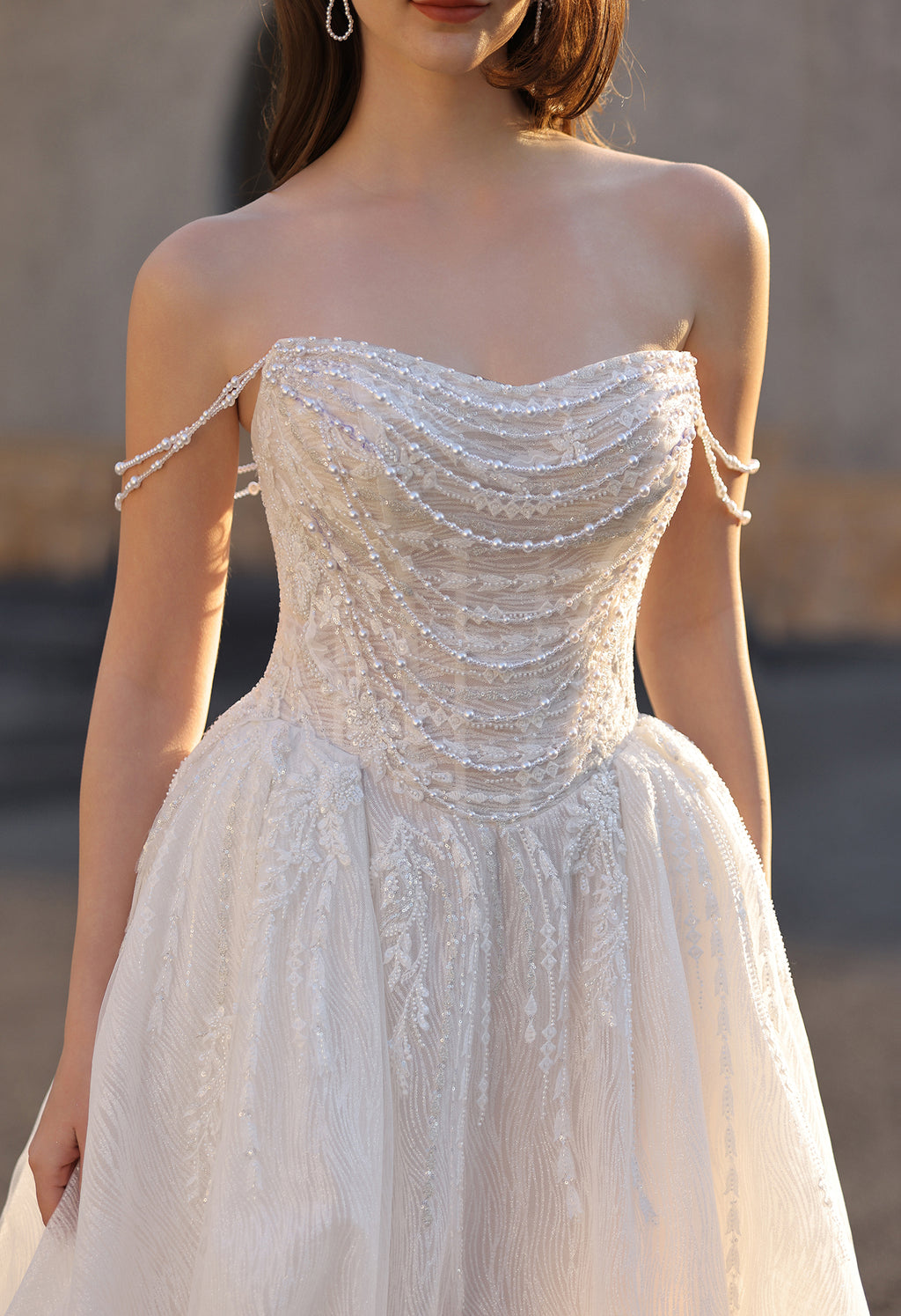 Strapless Ballgown Wedding Dress with Beaded Chain Shoulder Accent MMH2024