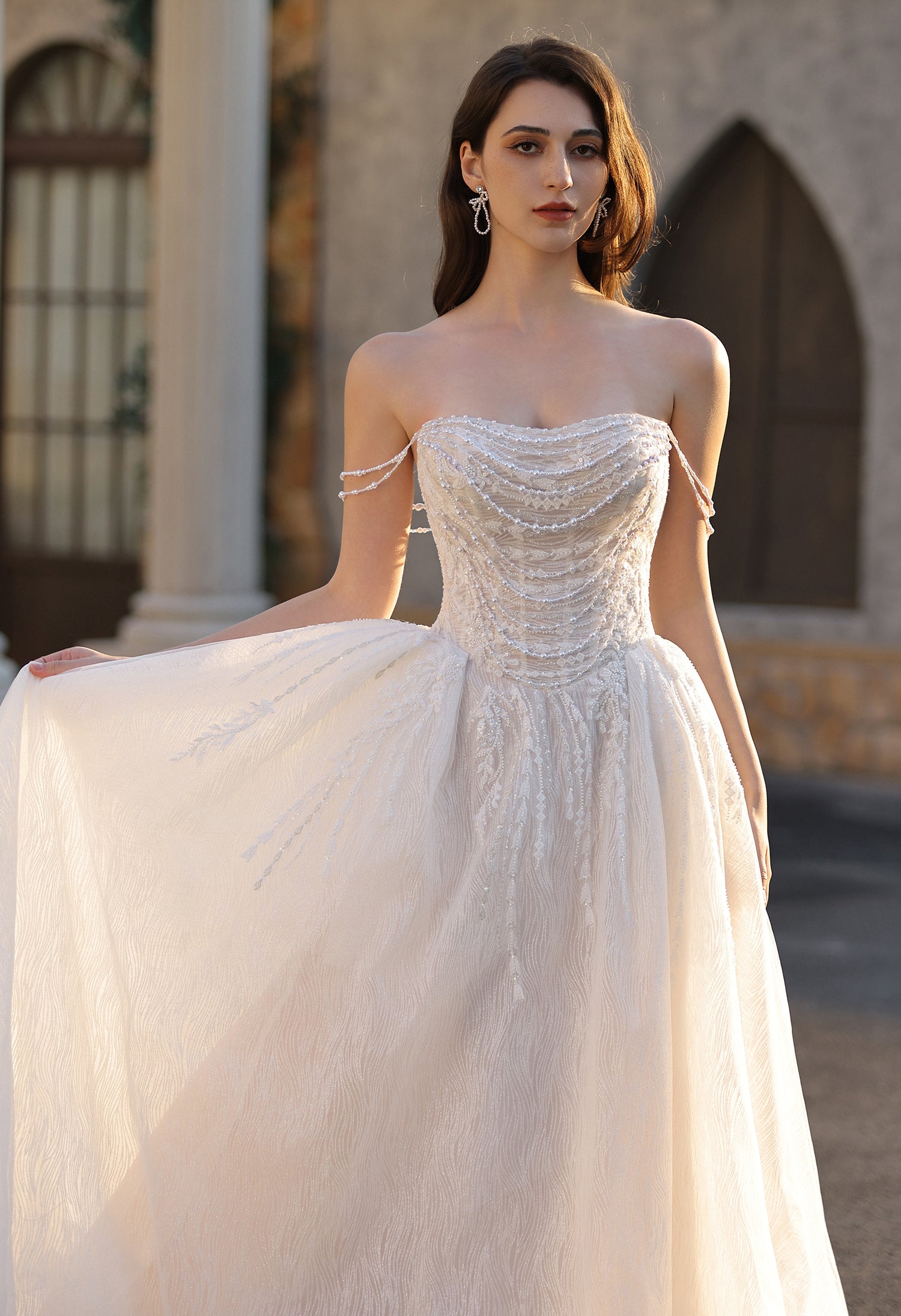 Strapless Ballgown Wedding Dress with Beaded Chain Shoulder Accent MMH2024