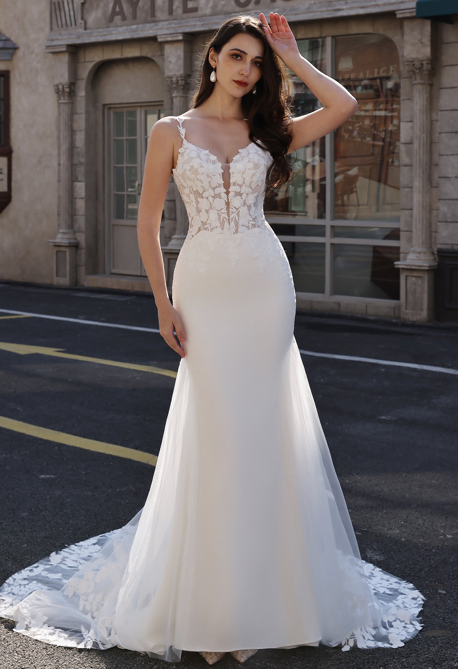 Embellished Mermaid Plunging Neckline Wedding Gown with Scallop Train MMH2023