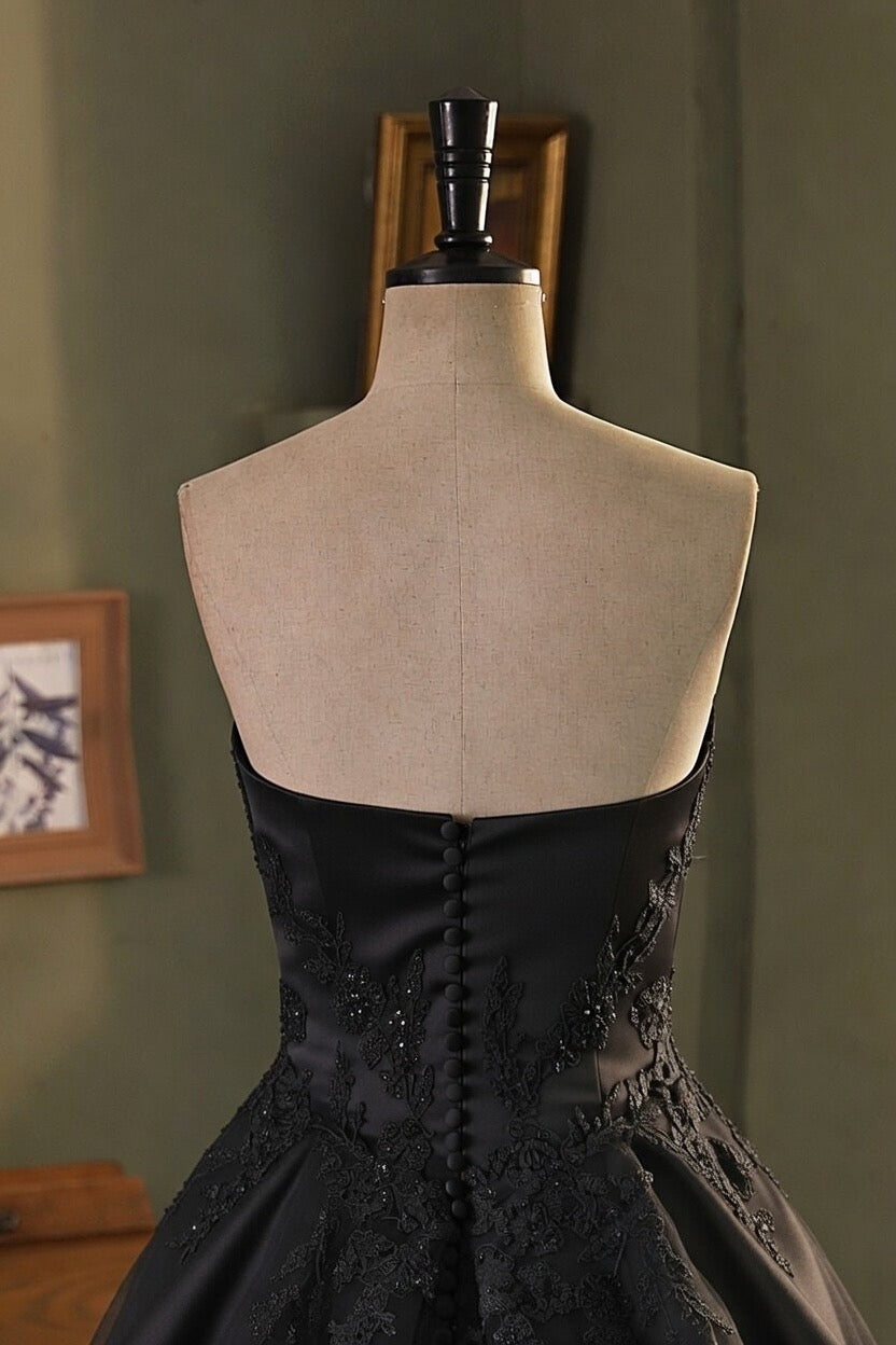 Strapless black Organza Satin Beading Lace Applique Wedding Gown CM2001