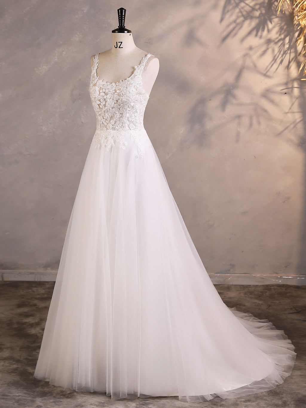 A-line Wedding Dress With Beading Spaghetti Straps Back And Floral Lace Appliques MMF1601