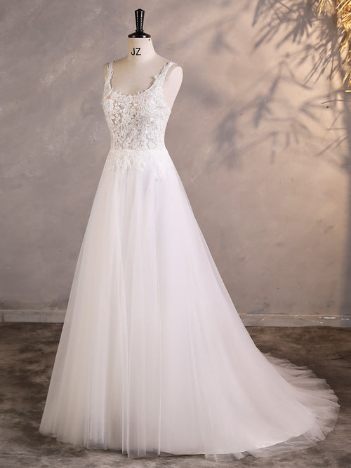 A-line Wedding Dress With Beading Spaghetti Straps Back And Floral Lace Appliques MMF1601