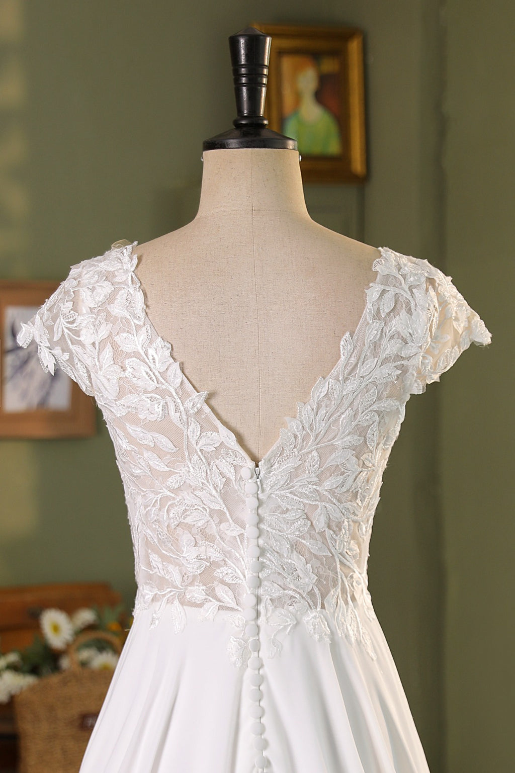 Cap Sleeve Lace A Line Chiffon Wedding Dress MMF3040