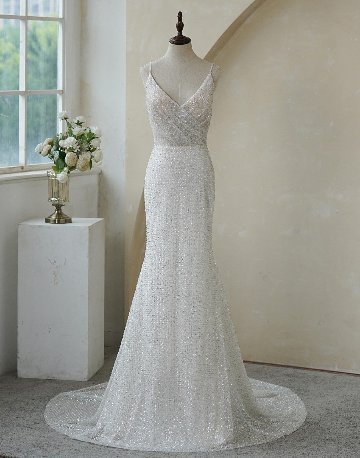 Spaghetti Straps Pleat Beaded Lace Mermaid Wedding Dress MMF2147