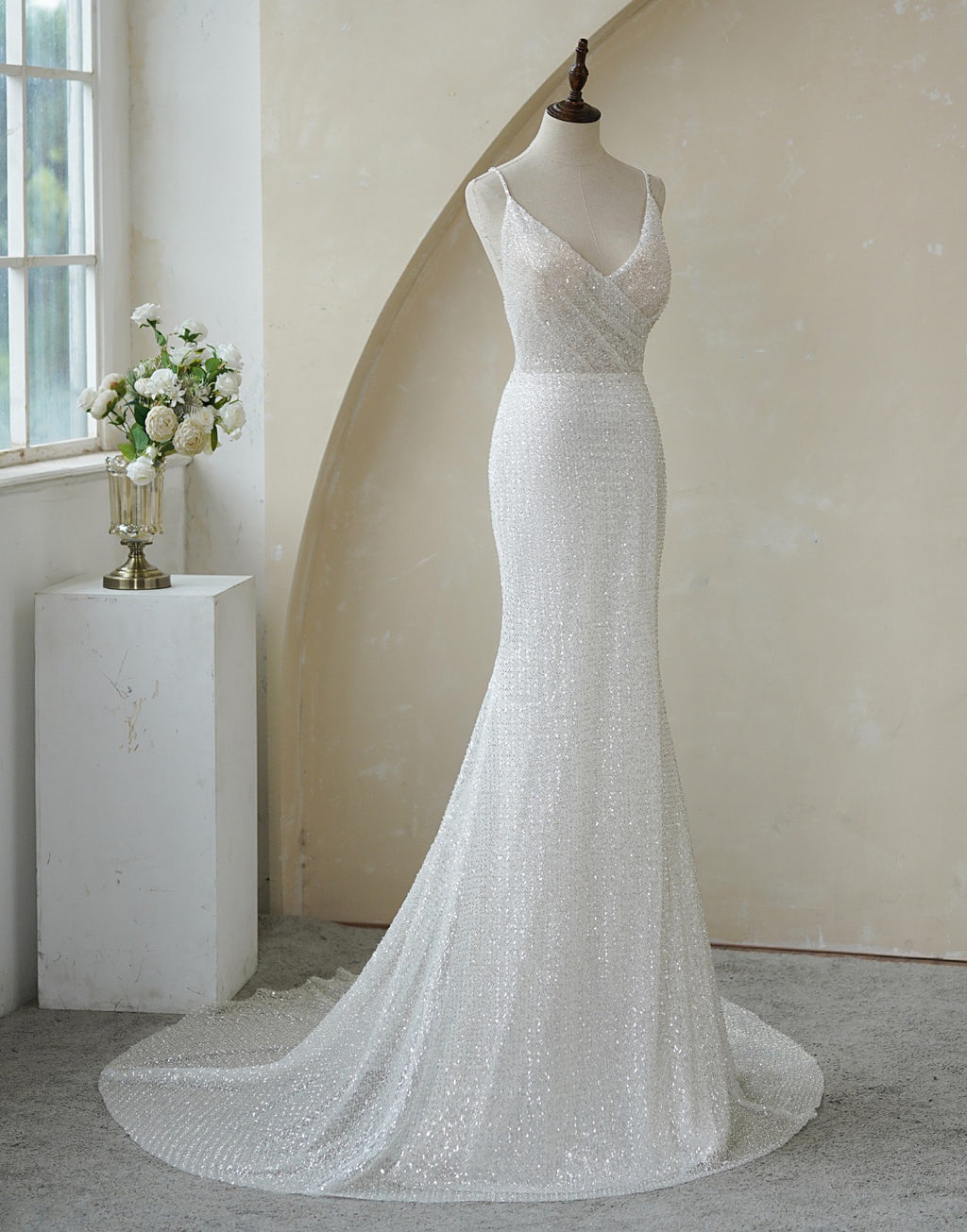 Spaghetti Straps Pleat Beaded Lace Mermaid Wedding Dress MMF2147