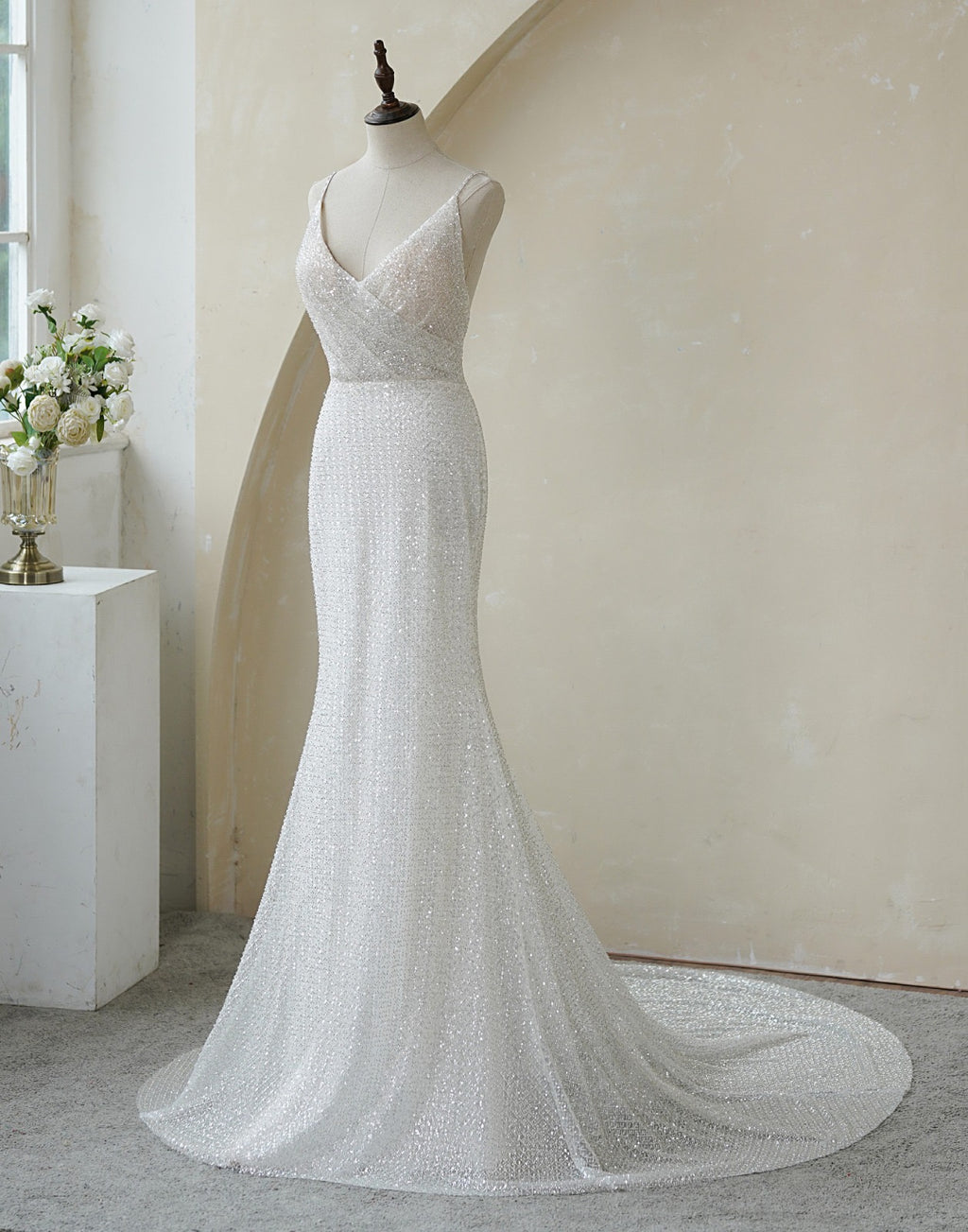 Spaghetti Straps Pleat Beaded Lace Mermaid Wedding Dress MMF2147