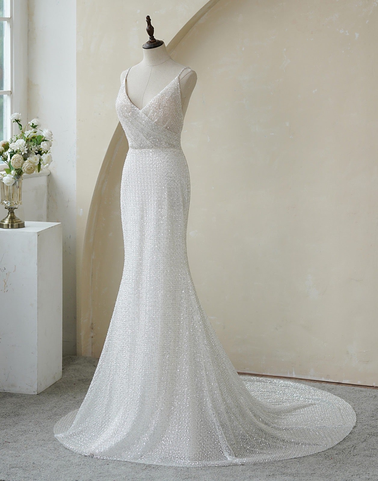 Spaghetti Straps Pleat Beaded Lace Mermaid Wedding Dress MMF2147
