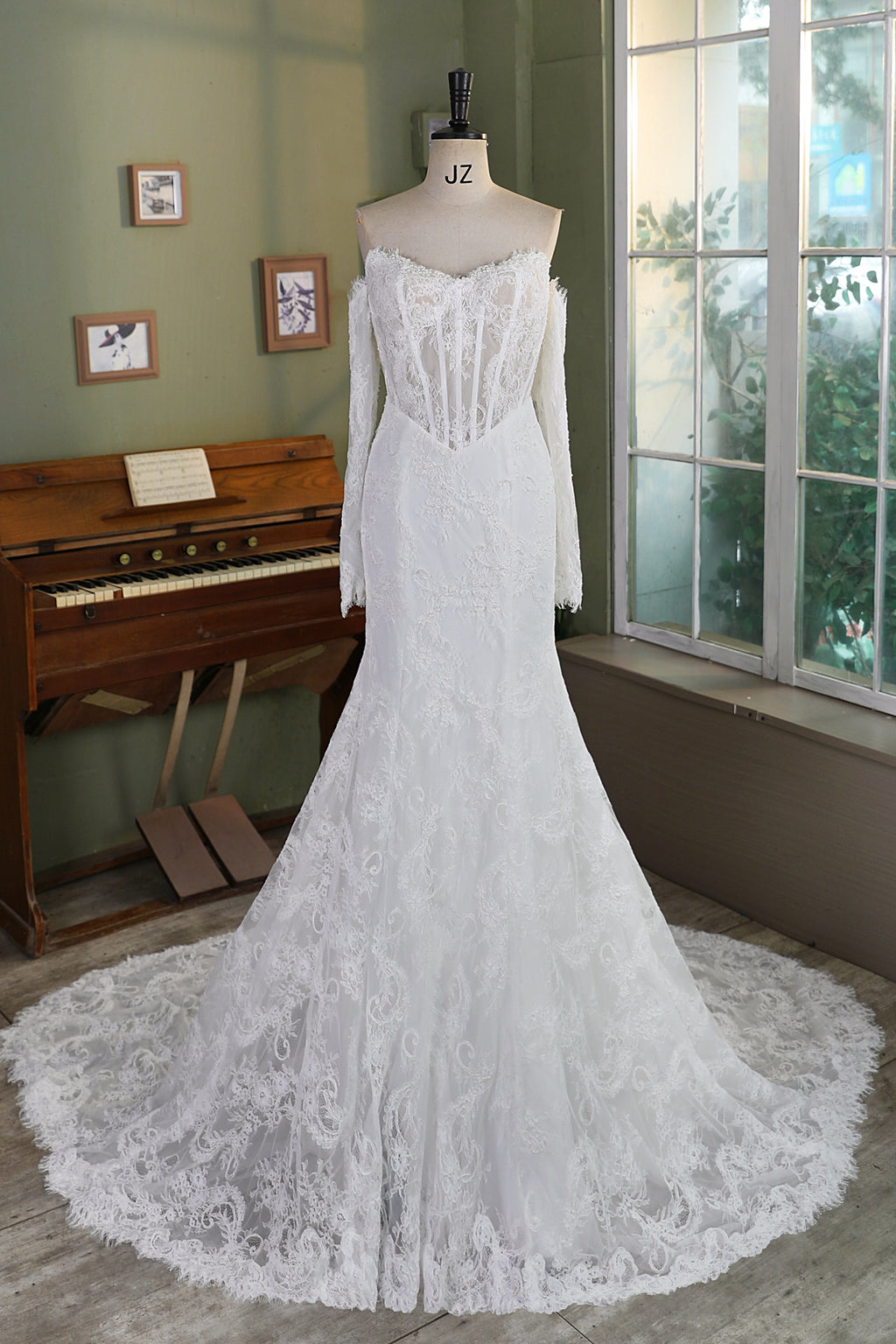 Allover Lace Mermaid Wedding Gown with Sheer Corset Bodice and V Basque Waist MMF2343