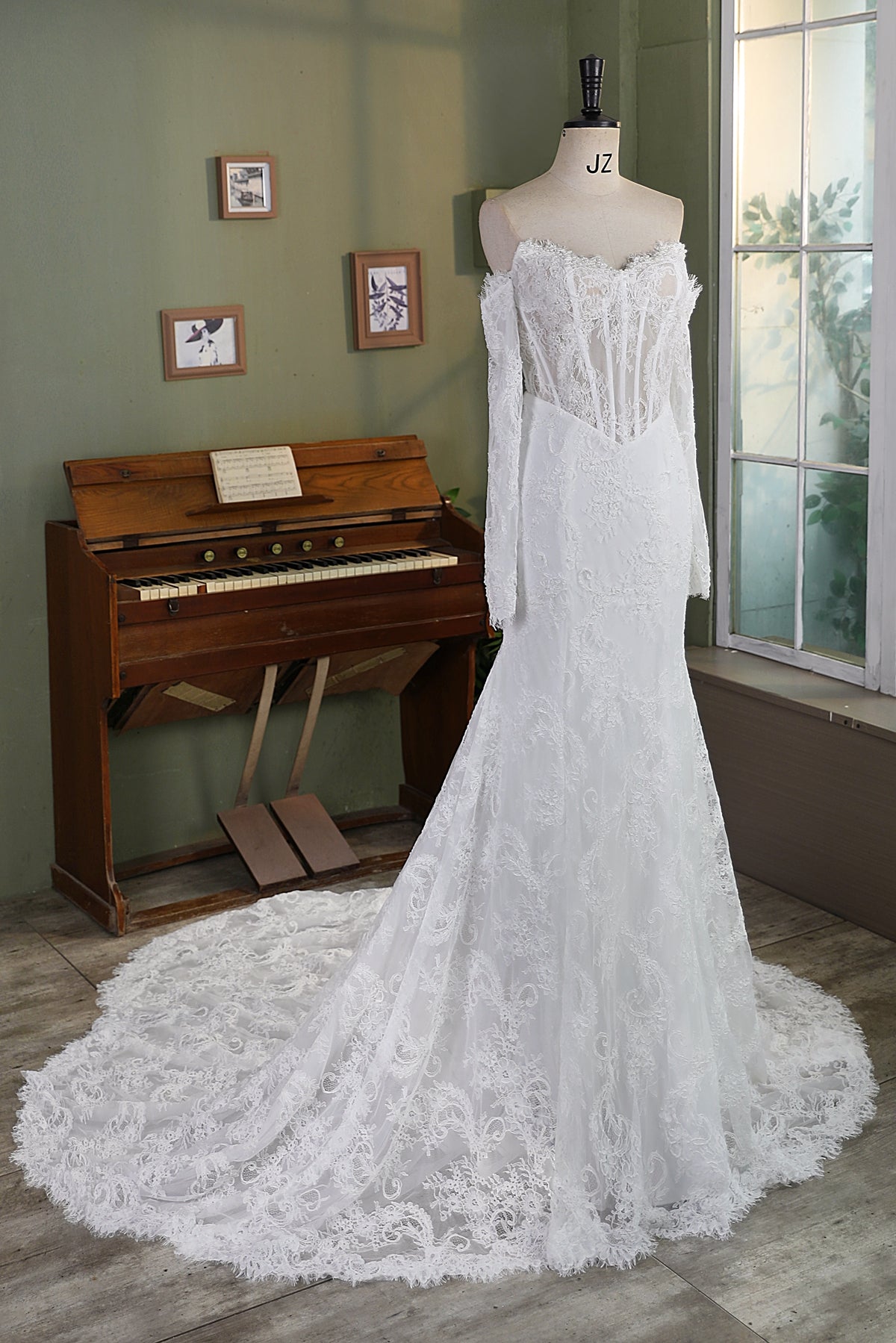 Allover Lace Mermaid Wedding Gown with Sheer Corset Bodice and V Basque Waist MMF2343