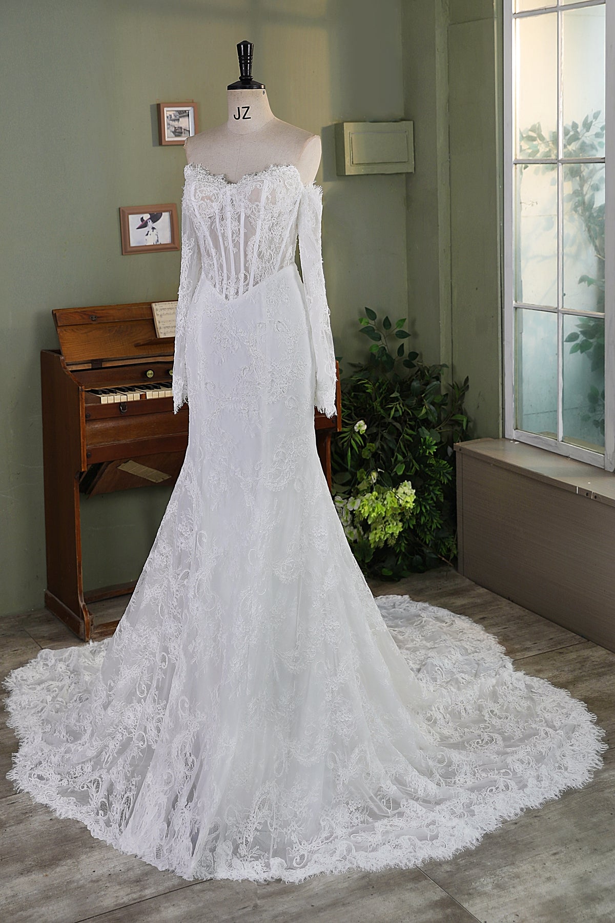 Allover Lace Mermaid Wedding Gown with Sheer Corset Bodice and V Basque Waist MMF2343
