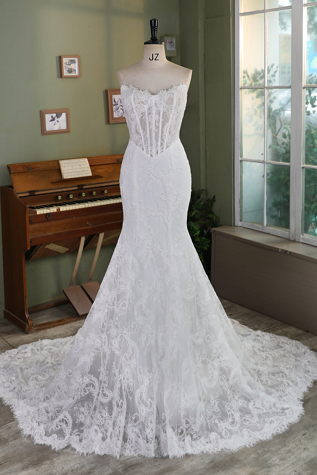 Allover Lace Mermaid Wedding Gown with Sheer Corset Bodice and V Basque Waist MMF2343