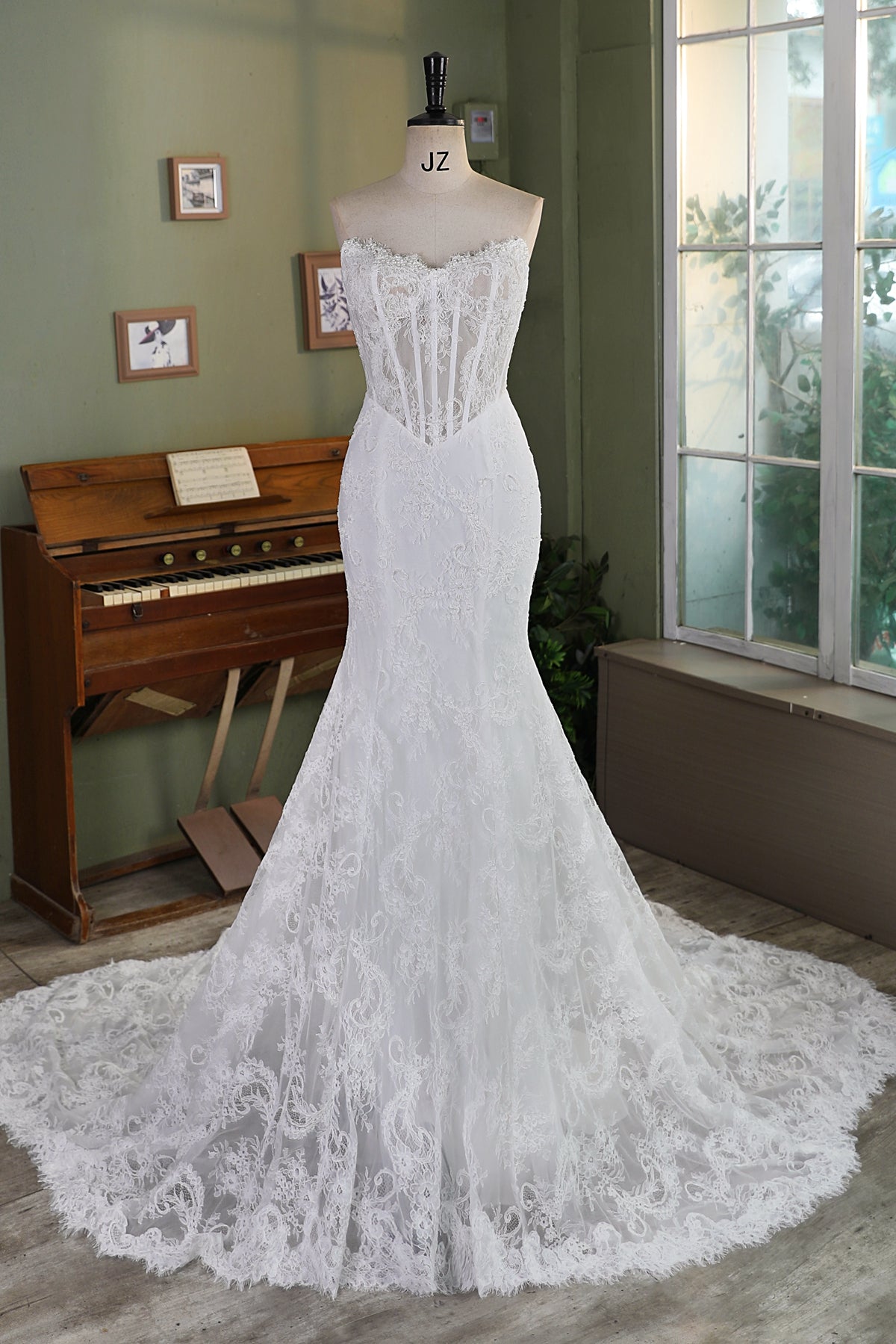 Allover Lace Mermaid Wedding Gown with Sheer Corset Bodice and V Basque Waist MMF2343