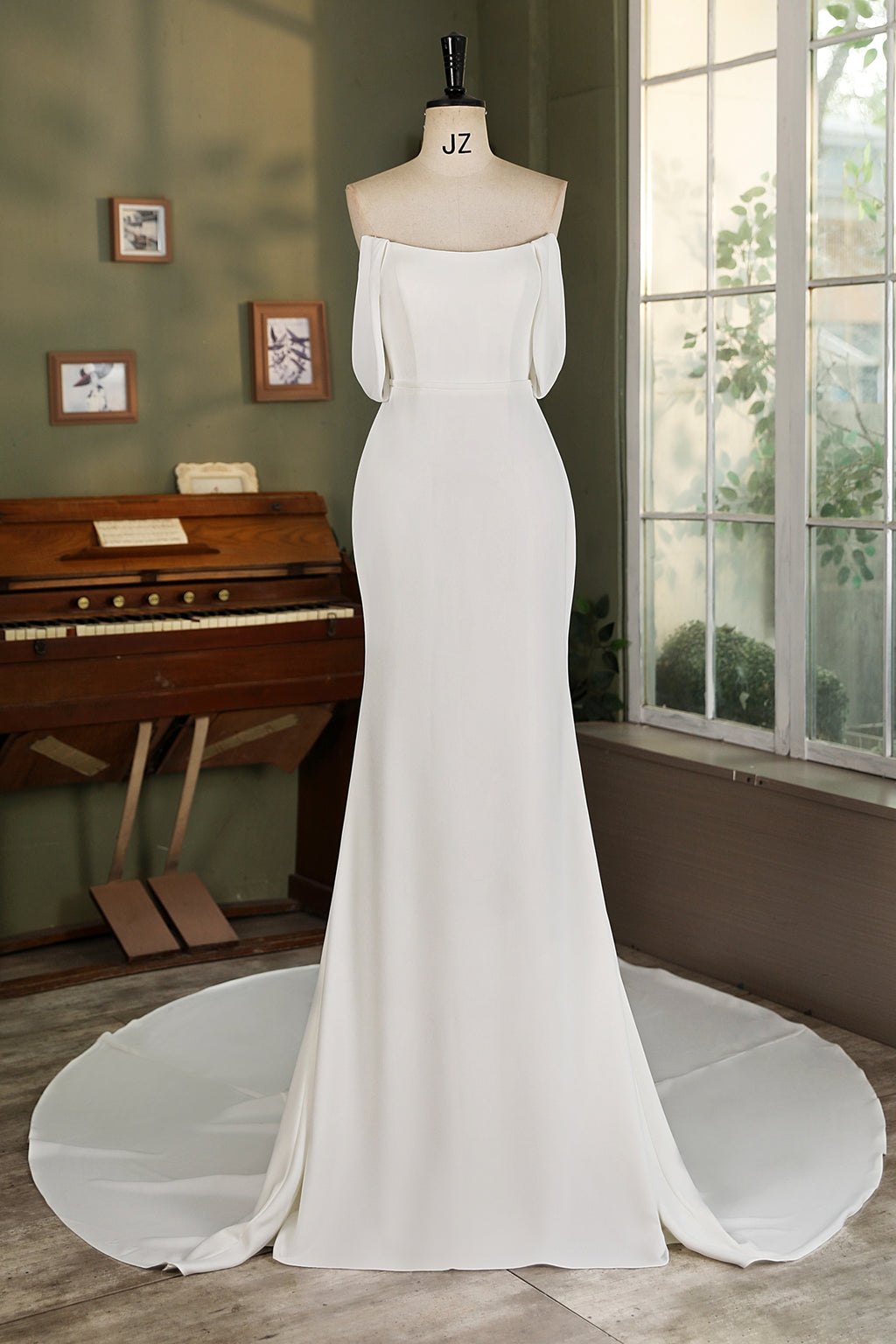 Off Shoulder Chiffon Sleeve Crepe Mermaid Bridal Dress MMF3069