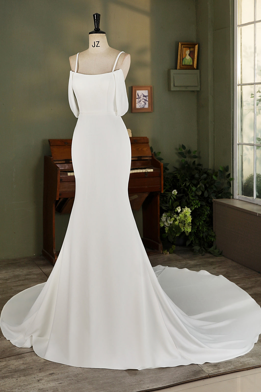 Off Shoulder Chiffon Sleeve Crepe Mermaid Bridal Dress MMF3069